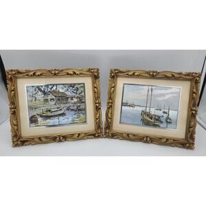 (2) Vintage Lionel Barrymore Foil Etching Seascape Prints Faux Carved Frames